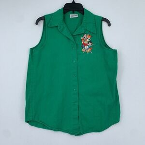 VTG Jerry Leigh The Flintstones Embroidered Sleeveless Shirt‎ Green USA SZ M 90s